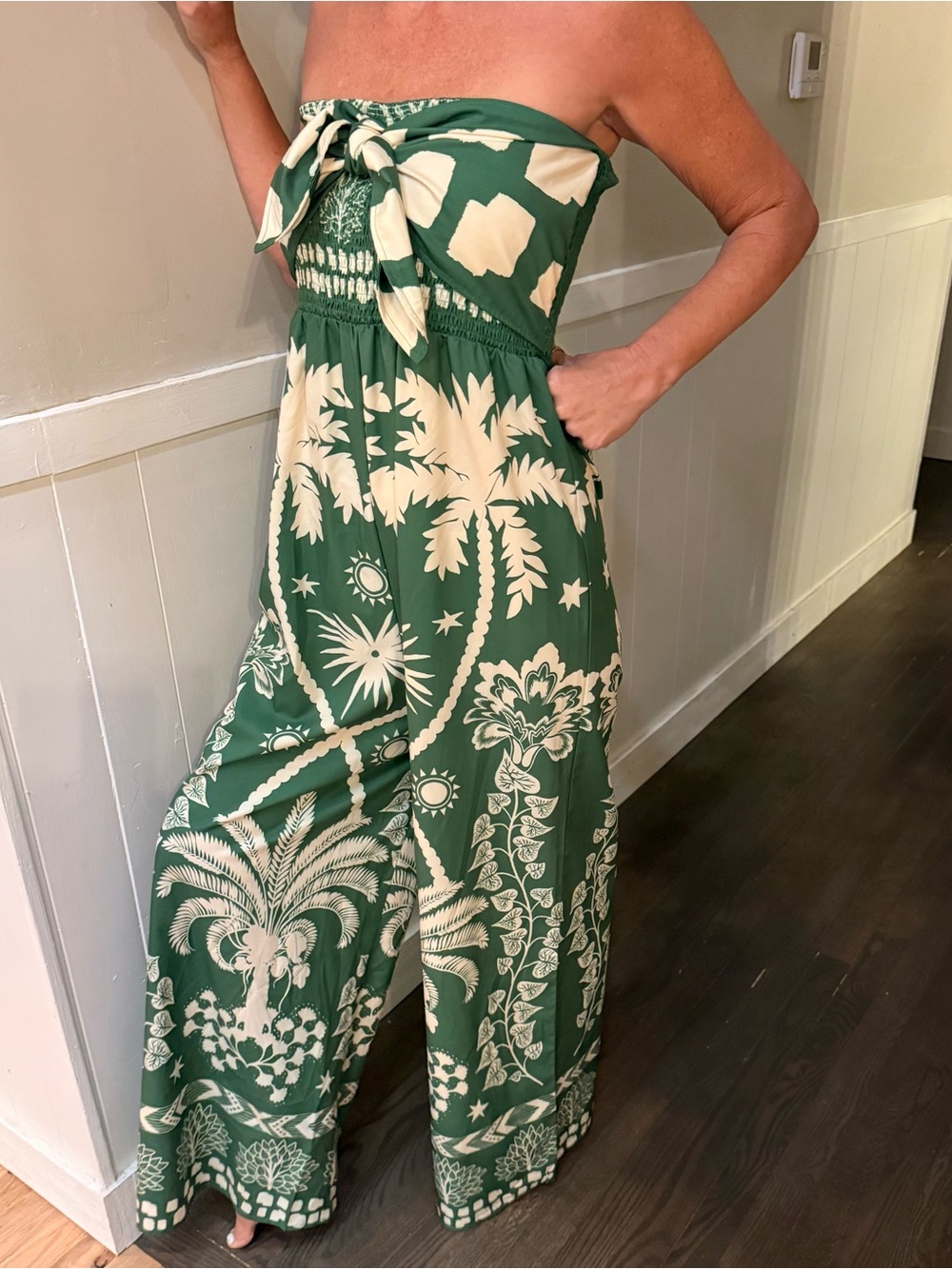 SHEIN Green and Cream Tropical Strapless Wide-Leg Jumpsuit